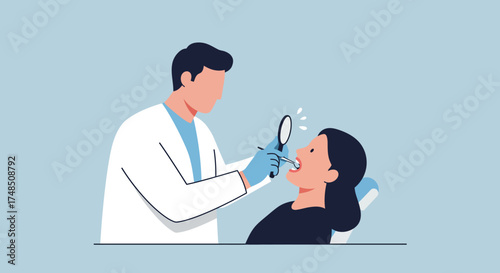 Professional male dentist performing a routine dental check-up on a female patient in a modern clinic setting, highlighting oral hygiene and preventative care