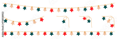 Christmas garland lights with red and green star bulbs. Xmas festive string decoration with hanging retro led lamp. Glowing string with lamps for holiday cards, banners, posters, web. Vector
