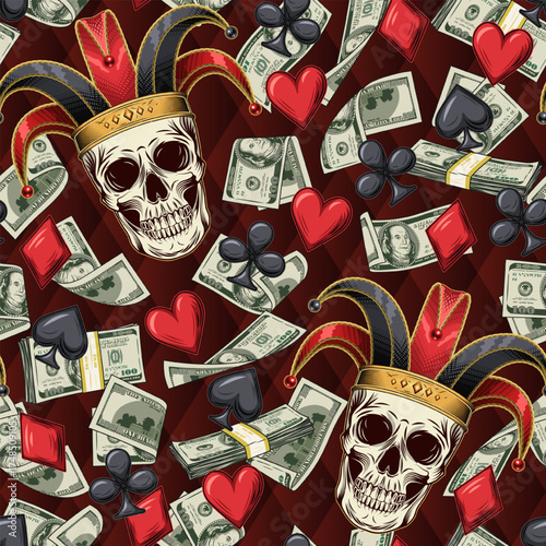 Seamless pattern with Joker skull, scattered card suits icons, flying 100 dollar bills. Concept of luck, success, win jackpot. Gambling, casino theme