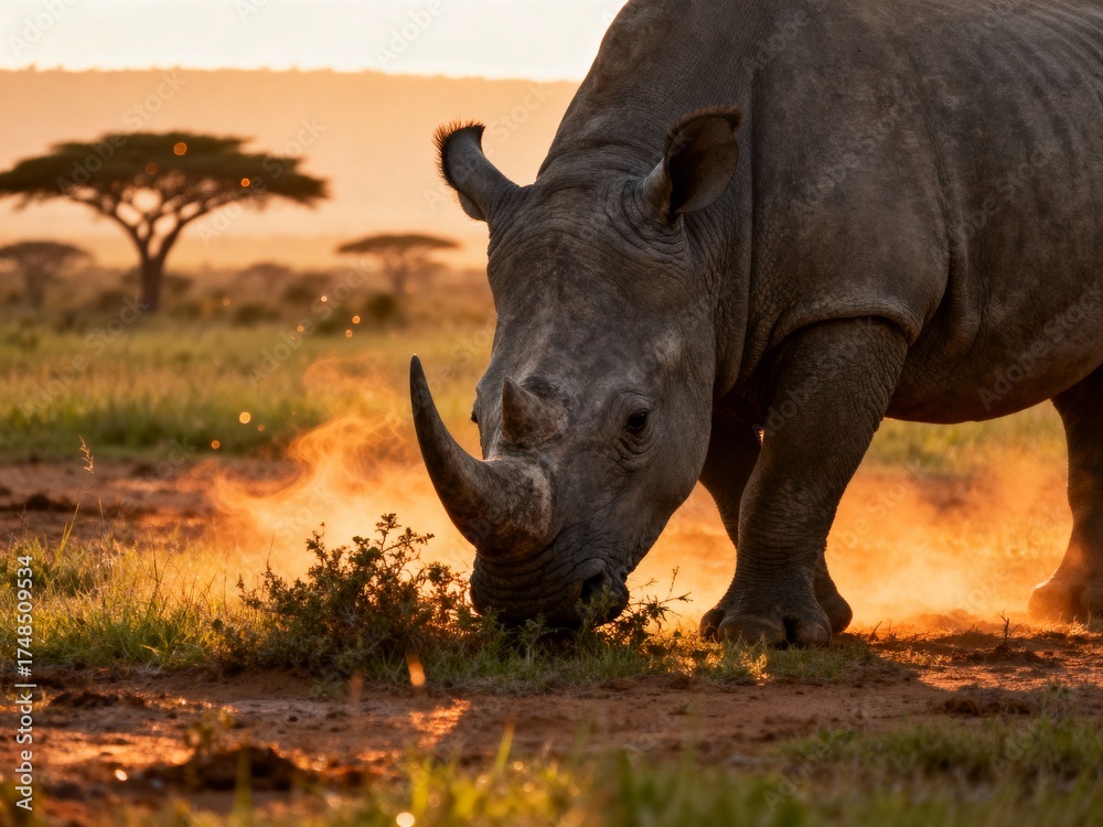 Obraz premium A rhinoceros grazes in a grassy field at sunset, dust rising around its head.