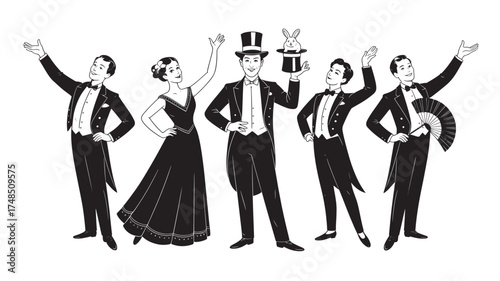 Group of vintage performers in formal wear classic theatrical illustration of a magician and dancers vector design isolated on white