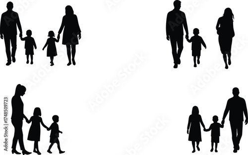 Black silhouette vector illustration of diverse family groups with parents and children walking, holding hands, symbolizing love, care, togetherness