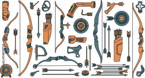 Collection of Various Types of Archery Equipment, Bows, and Arrows for Sports and Recreation