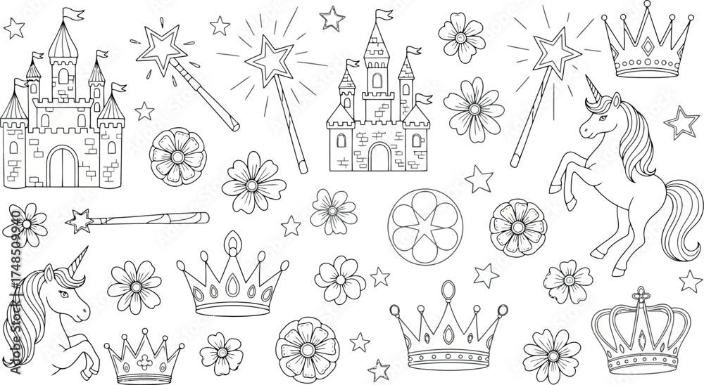 Fototapeta premium Vector art of collection of fairytale elements including castles, unicorns, crowns, and magic wands