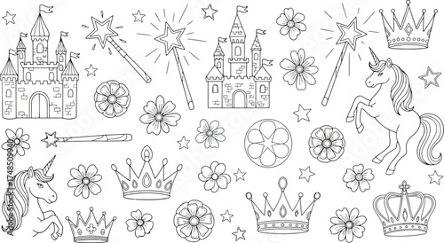 Vector art of collection of fairytale elements including castles, unicorns, crowns, and magic wands