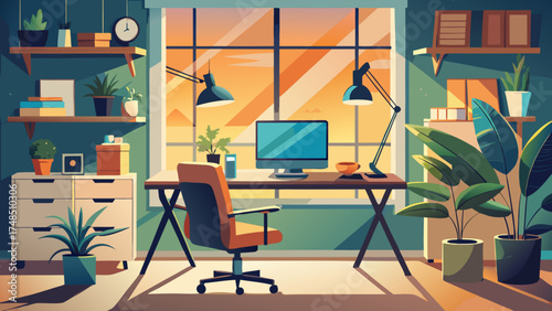 Minimalist Home Office Design with Computer, Laptop, Plants and Artwork – Creative Workspace Vector Illustration Generative AI