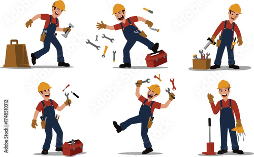 Cartoon construction worker character set with tools, toolbox, painting, plumbing, repair, maintenance, handyman poses, vector illustration for stock design
