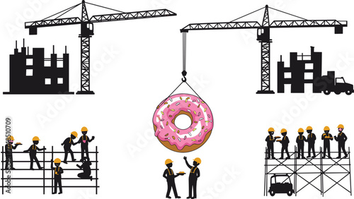 Creative construction site teamwork concept with cranes lifting giant pink donut, engineers, workers, teamwork, architecture, humor, and business collaboration vector illustration