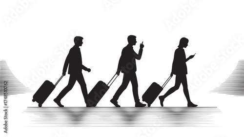 Silhouettes of travelers with luggage vector illustration of people walking with suitcases concept for travel and tourism
