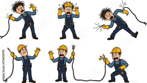 Funny electrician worker cartoon shocked by electric wire, electricity safety hazard, power accident, danger reaction, construction and safety concept illustration