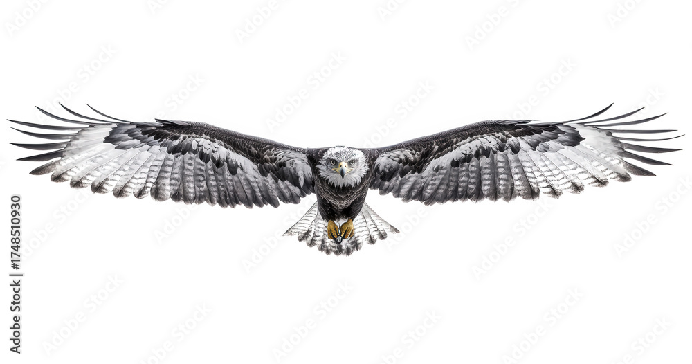 Obraz premium Roughlegged hawk in full flight, isolated on transparent background, showcasing its impressive wingspan and intricate feather patterns against a pristine backdrop