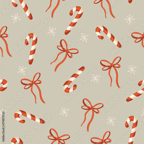 Christmas candy cane bow stocking bell flower star lollipop festive decoration vector isolated pattern