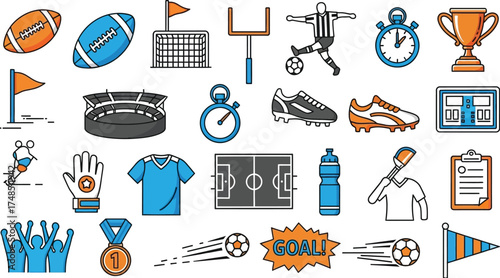 Collection of Sports Icons and Symbols Related to Football, Soccer, and Athletics