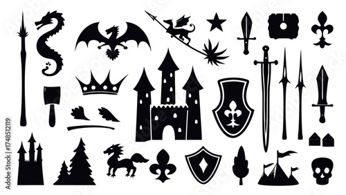 Flat black silhouette illustration of fantasy elements — dragons, castles, swords, shields, wizards, knights, and magic scrolls.