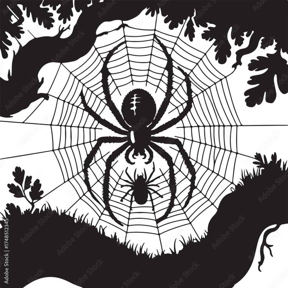 Obraz premium Black silhouette of a large spider and small spider on a web with tree branches and grass black and white