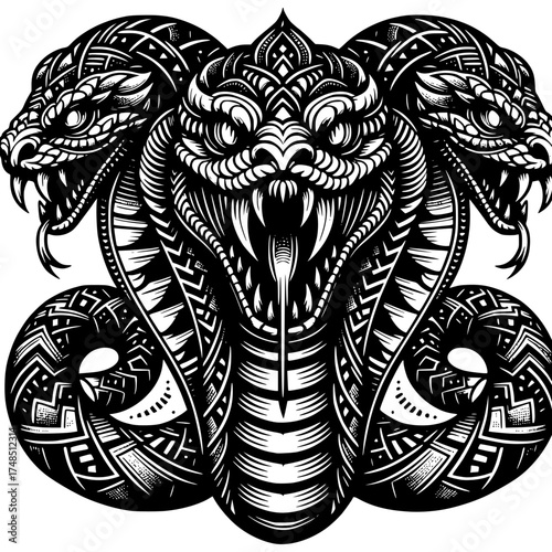 Intricate Cobra Illustration: A captivating illustration of three cobras with detailed patterns and an intimidating design, showcasing the snake's unique appearance.