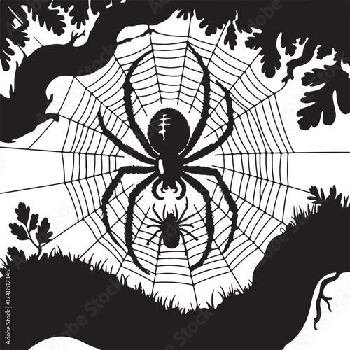 Black silhouette of a large spider and small spider on a web with tree branches and grass black and white