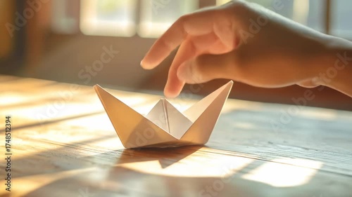 A Person Gently Playing with a Small Paper Boat on a Wooden Table.