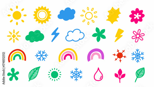 Flat vector illustration of colorful weather and nature-themed doodle icons, such as suns, clouds, raindrops, snowflakes, rainbows, lightning bolts, leaves,
