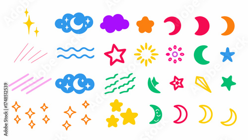 Sleepy comic doodles in cool blues and purples — Zzz marks, clouds, crescent moons, and calm wave lines.
