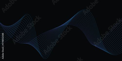 Vector abstract light lines wavy flowing dynamic in blue colors isolated on black background.