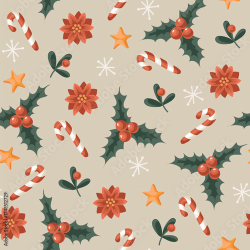 Christmas candy cane bow stocking bell flower star lollipop festive decoration vector isolated pattern