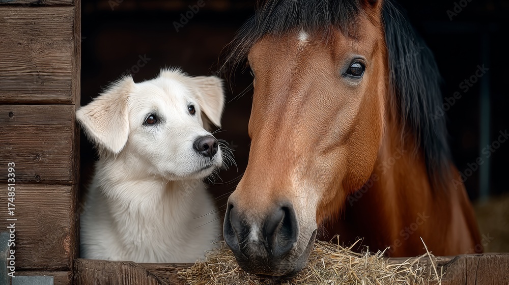 Obraz premium Dog and a horse are standing in a barn. The dog is looking at the horse with curiosity