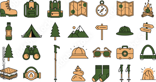 Vibrant vector icons for outdoor adventure, featuring essential gear for hiking, camping, and global travel, inspiring nature exploration and wilderness journeys