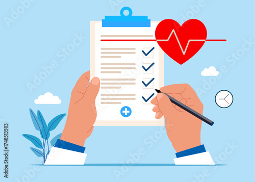 Human Heart. Health cardiology check up. Human heart anatomy. Medical health checklist with heartbeat. Report forms. Vector flat illustration