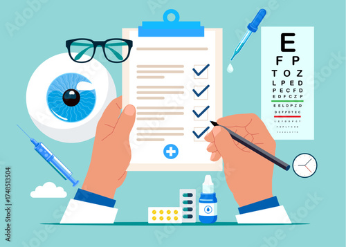 Checking patient vision. Eyesight laser correction. Ophthalmology, eye surgery. Medical health checklist eyes. Flat vector illustration.