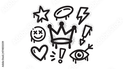Set of graffiti style icons vector illustration with dripping paint effect isolated on white background