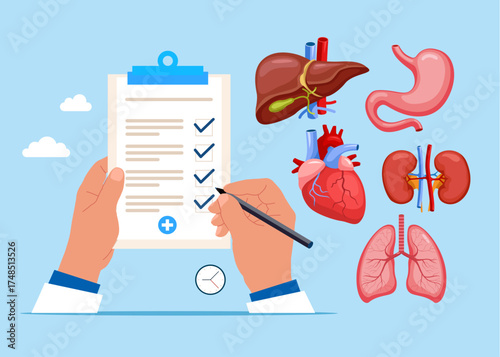 Checking patient. Human internal organs. Heart, kidneys, lungs, stomach, liver. Medical health checklist organs. Vector flat illustration.