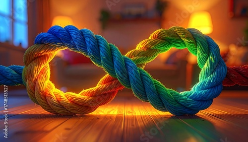 Vibrant rainbow rope forming infinity symbol on wooden surface signifies limitless potential and connection in a warm, inviting space