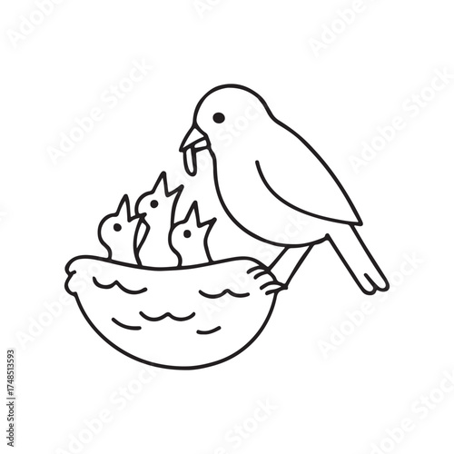 Mother bird feeding hungry chicks in a nest, a simple line art vector icon on white background