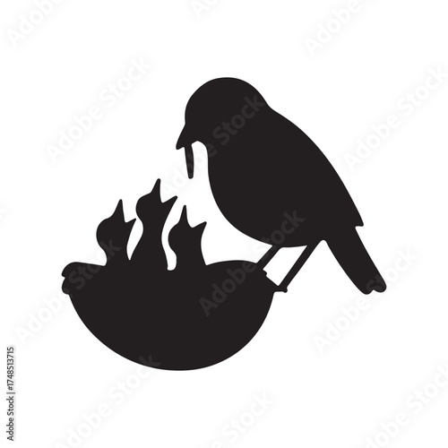 Mother bird feeding chicks in a nest silhouette vector, a symbol of family love and care