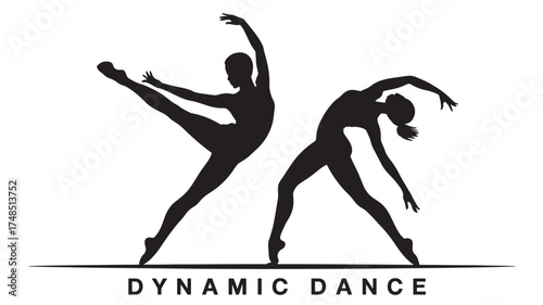 Silhouette of two ballet dancers in dynamic poses vector illustration for dance studio logo isolated on white background