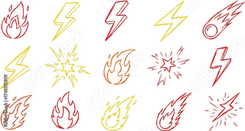 Vector art of set of handdrawn lightning bolt, flame, and explosion icons