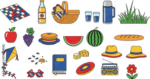 A delightful collection of picnic essentials and outdoor leisure items, perfect for a sunny day's outing and recreational activities