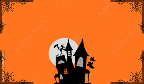 Spooky Halloween night with haunted house silhouette, witch flying with bats, and ghosts under full moon, perfect for Halloween party invitation design