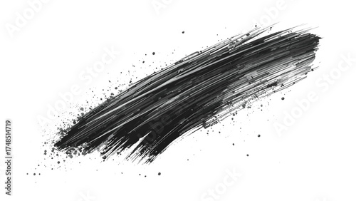 Abstract Black grunge paint brush stroke with splatter and drips. Dynamic horizontal stroke fades from black to gray, surrounded by chaotic paint splashes  messy, raw, and edgy grunge aesthetic.
