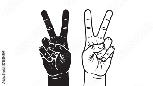 Black and white hands showing peace sign vector illustration for graphic design isolated on white background