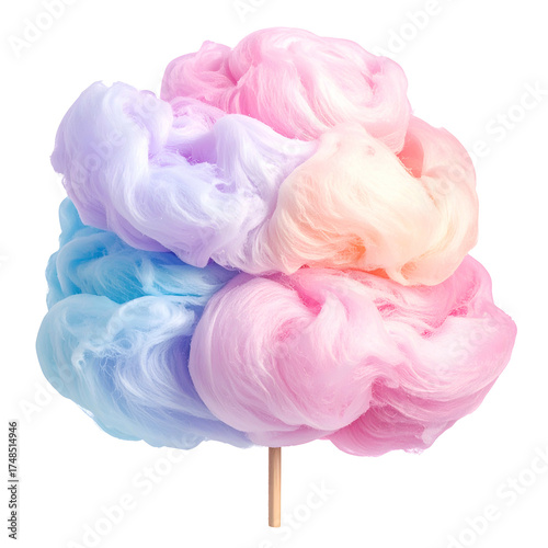 Pastel-colored spun sugar treat on a stick, against a black background