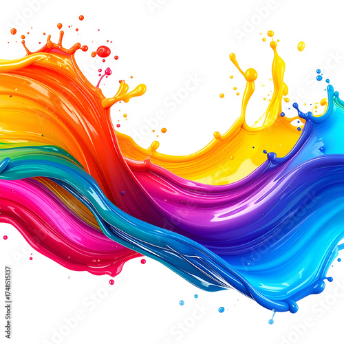 Vivid, multi-colored paint splatters explode outwards against a black background, creating a dynamic composition