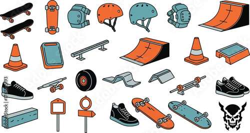 A vibrant collection of skateboarding equipment and skate park elements for urban extreme sports enthusiasts