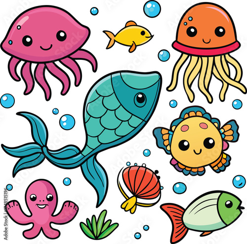 Cute cartoon sea creatures and bubbles illustration jellyfish octopus