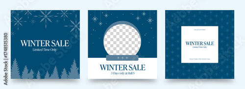 Winter Sale Social Media Post Templates with Snowflakes, Ornaments, and Forest Backgrounds in Blue Theme