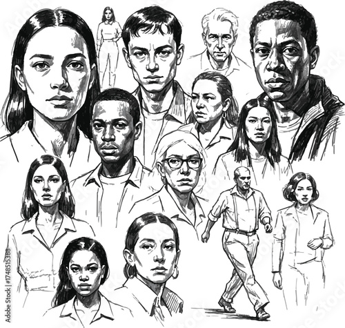 Diverse group of people sketched in black and white ink drawing faces