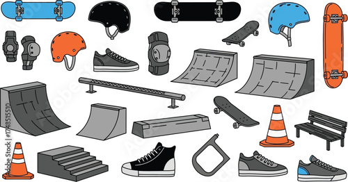 Skateboarding Equipment and Elements Skateboard, Ramp, Helmets, and More in a Doodle Style