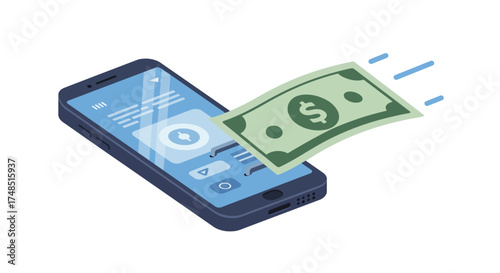 Isometric illustration of a smartphone with a dollar bill flying out of the screen, representing online money transfer.