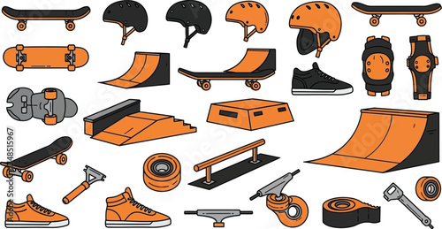 Collection of Skateboard Equipment and Skate Park Ramps for Extreme Sports and Recreation